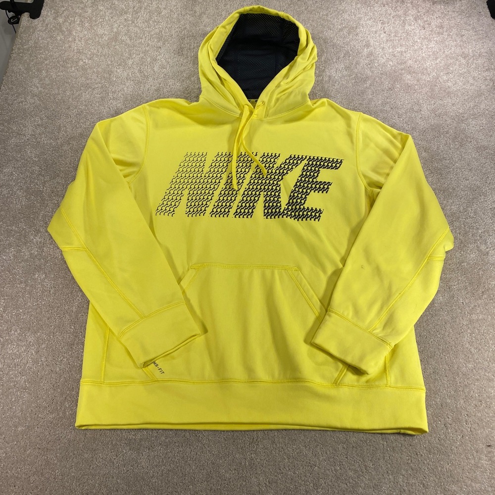 Nike Hoodie Mens Large‎ Yellow Therma-FIT Graphic Pullover Sweatshirt Activewear